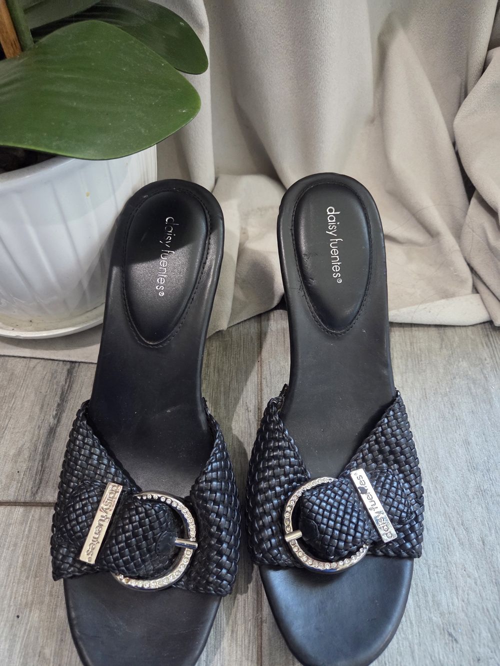 Daisy Fuentes Black Woven Slide Sandals with Rhinestone Buckle Accent